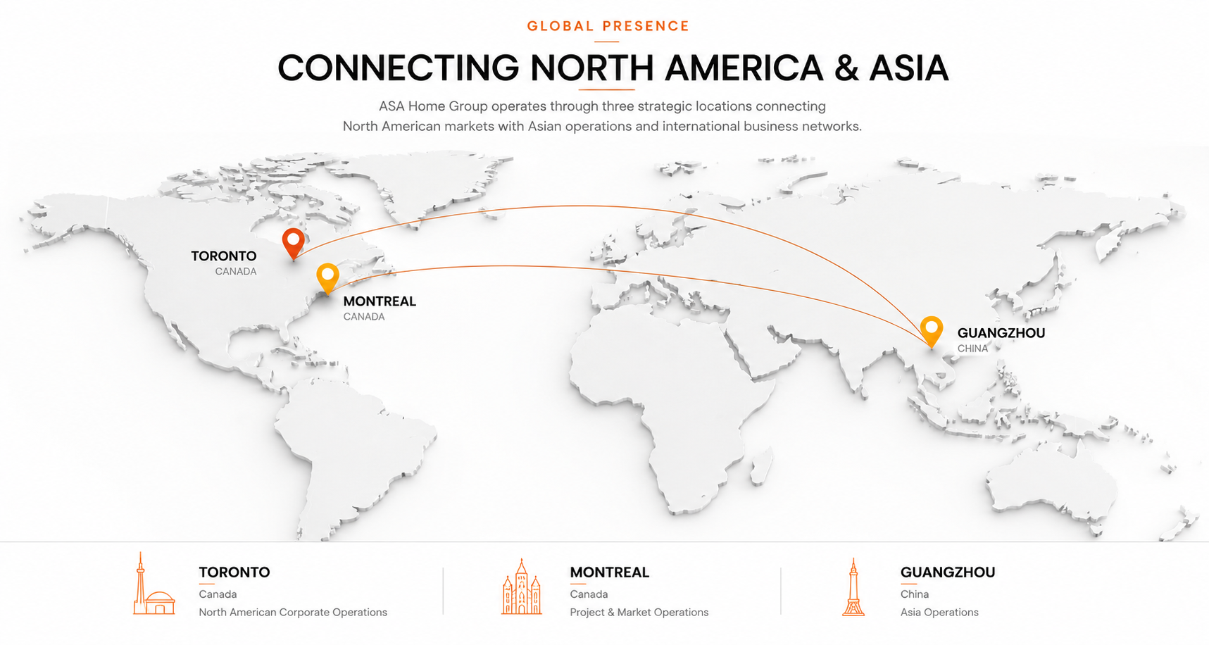 ASA Home Group global presence map showing offices in Toronto, Montreal and Guangzhou